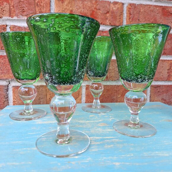 4 Wine Glasses Stemware Set Hand Blown Bubble Glass Murano Vintage Christmas - Picture 16 of 16